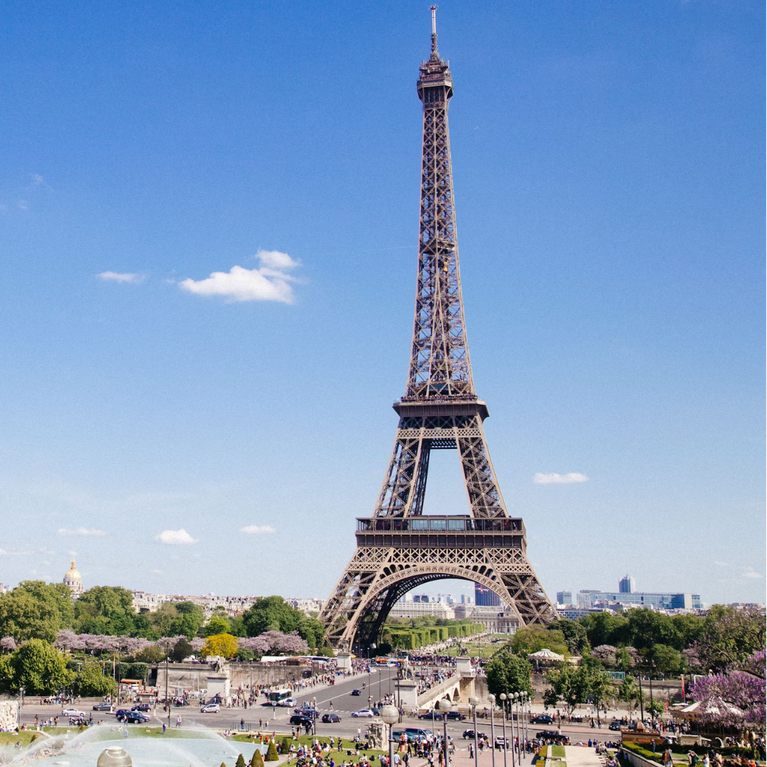 Daytime photograph of the Eiffel Tower.
